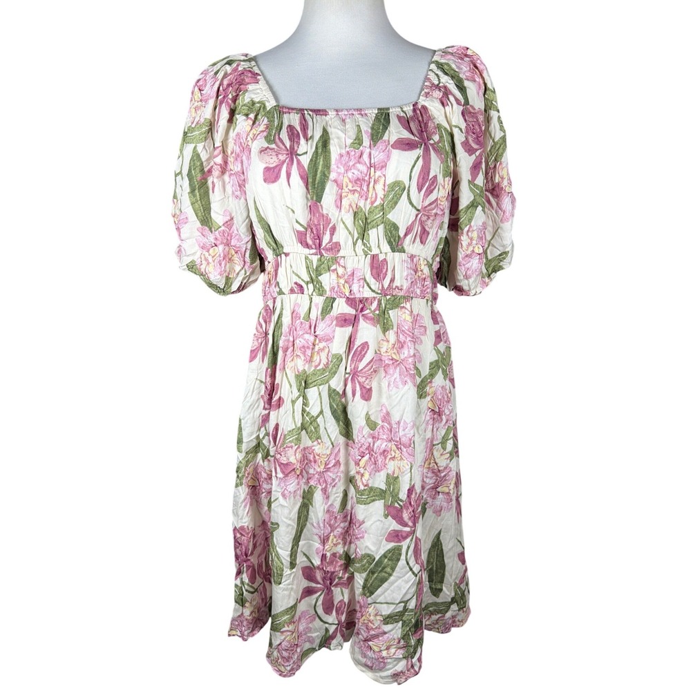 Polagram Pink Floral Puff Sleeve Smocked‎ Waist Dress PSD4222 Cream Womens L NEW